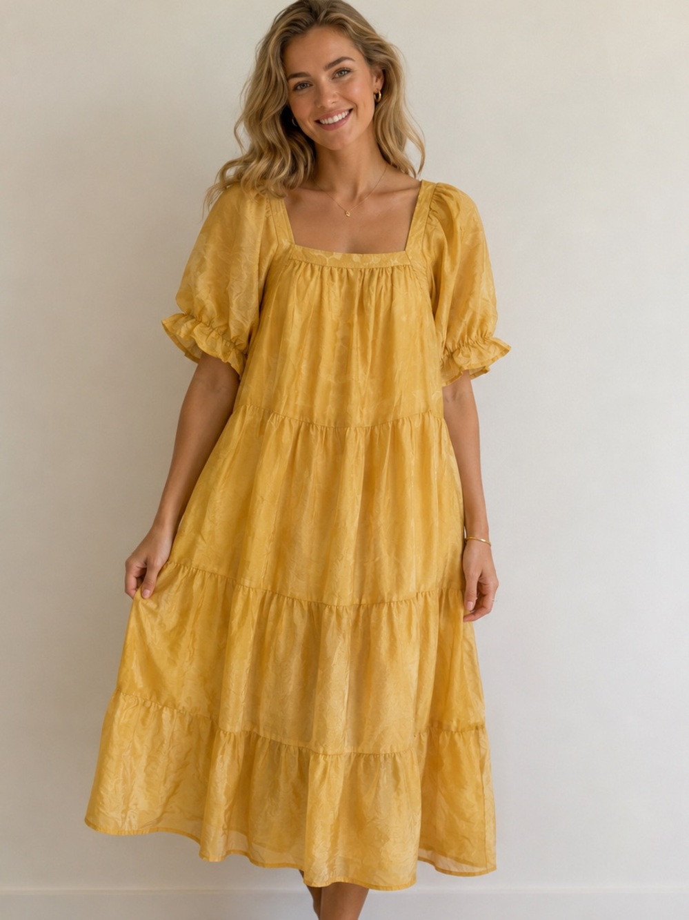 Polagram Mustard Puff-Sleeve Tiered Midi Dress